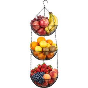 3-tier Hanging Fruit Basket for Kitchen, Removable Metal Fruit Holder with Adjustable Chain and Hook, Strong Load-bearing Vegetable and Bread Storage for Fruits, Veggies, and Household Items