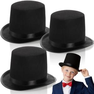 Pumtus 3 Pack Black Felt Top Hats for Kids, Funny Party Hat, Tall Victorian Tuxedo Costume Hats, Dress Up Hat, Coachman Hats for Cosplay, Stage Performance