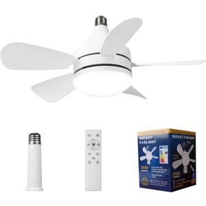 Socket Fan Light - Ceiling Fans with Lights and Remote Control, 3 Colors 3000K-6500K, 2000 Lumens,Powerful Airflow Quiet Fan Light Bulb Screw in Ceiling Fan for Bedroom, Living Room, Kitchen