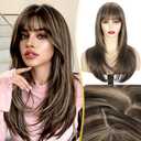 Sakuraaa Brown Blonde Highlight Straight Wig with Bangs 20 Inch Medium Length Layered Synthetic Wigs for Women, Realistic Scalp Natural Looking Heat Resistant Wig for Daily Party Cosplay Use