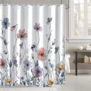 AWERT Watercolor Floral Shower Curtain with Hooks Pastel Wildflower Shower Curtain for Bathroom Waterproof Flower Printing Fabric Bathroom 72x72inch