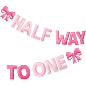 Pink Bow 1/2 Birthday Decorations Handmade Felt Pre-Strung Half Way To One Sign Banner with Pink Bow for 6 months Birthday Half Way To One Baby Girl Decorations Party Nursery Home Wall Fireplace Decor