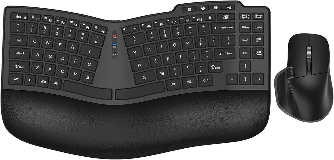Ergonomic Wireless Keyboard Mouse, Wave Key Bluetooth/2.4G Split Design Ergo Keyboard Mouse Combo with Cushioned Palm Rest, Multi-Device, Rechargeable, for Multi-OS, Windows/Mac/Android