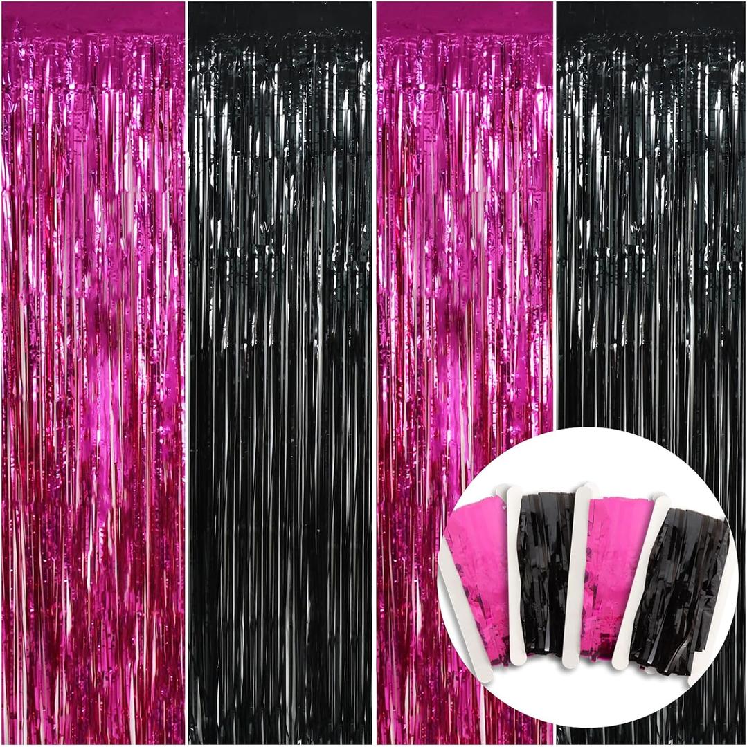 BEISHIDA 4 Pcs Hot Pink Black Door Streamers Curtain Party Streamers Backdrop Pink Party Hot Pink Wall Background for Party Decoration Photo Booth Props(3.28 ft x 6.56 ft)