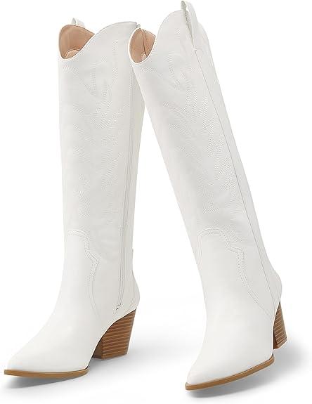 Arromic Cowboy Boots for Women Comfortable Womens Embroidered Western Cowgirl Knee High Boots Pointed Toe Zipper Chunky Heel Country Outfit Retro Tall Boots White 6,5
