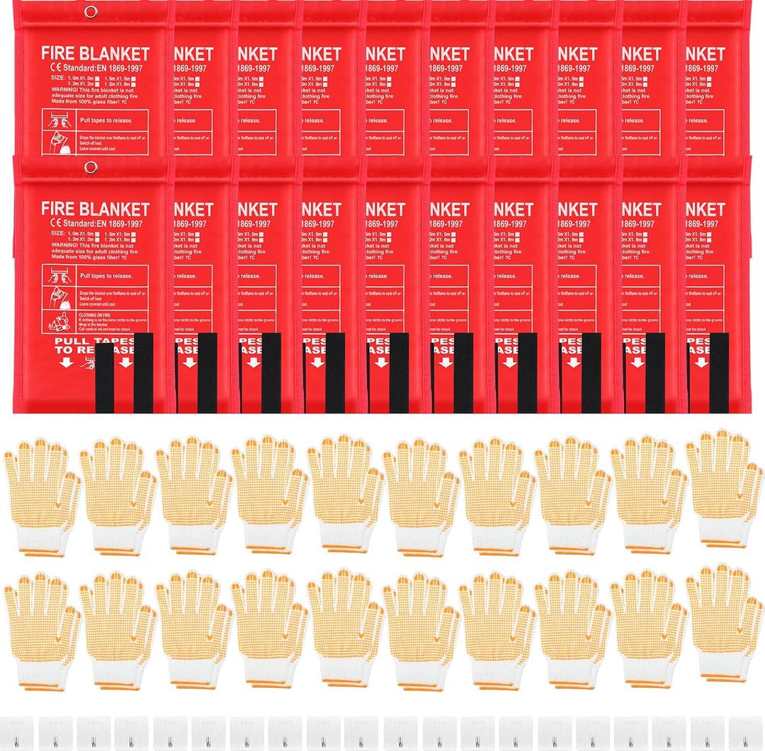 20 Pack Bulk Emergency Fire Blankets for Home and Kitchen with Fireproof Gloves & Hooks Safety Flame Suppression Fire Extinguisher for Camping House Warehouse Car 39.4"x39.4", Housewarming Gifts