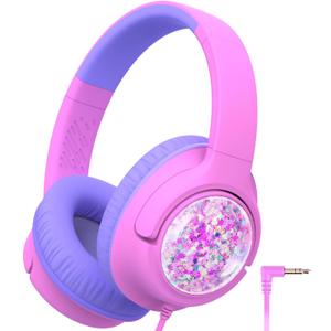 iClever Kids Headphones with Cord, 85dBA Safe Volume Wired Headphones for Kids, Stereo Sound Foldable Adjustable, 3.5mm Jack, Over Ear Child Headphone for School/Boys/Girls/iPad/Tablet/Travel (Glitter Pink)