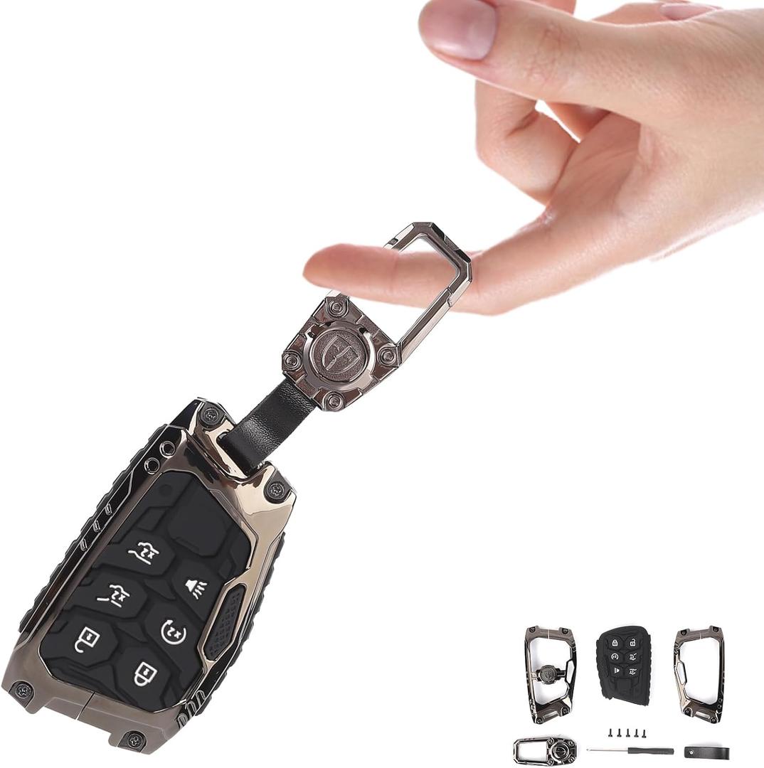 JeCar Key Fob Cover with Keychain for Chevy, Zinc Alloy Protection Key Case for 2020+ Chevy Silverado Suburban Tahoe GMC-Yukon GMC-Sierra 1500 & 2023+ Colorado Key Shell Accessories (for 6-Button)