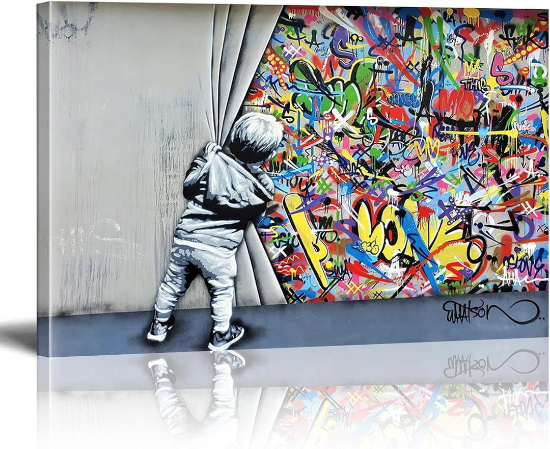 Banksy Canvas Wall Art Pop Street Graffiti Wall Art Decor Cool Poster Paintings Colorful for Men Ready To Hang for Living Room Bedroom Home Bathroom Wall Decor 16x24in Framed