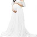 Maternity Photography Props Floral Lace Dress Fancy Pregnancy Gown for Baby Shower Photo Shoot (White, M)