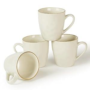 famiware Coffee Mugs Set of 4, Ocean Round 11.5oz Coffee Cup Set with Handle for Cocoa, Milk, Hot Chocolate, Tea or Water, Stoneware Cups for Kitchen, Microwave Dishwasher Safe, Vanilla White