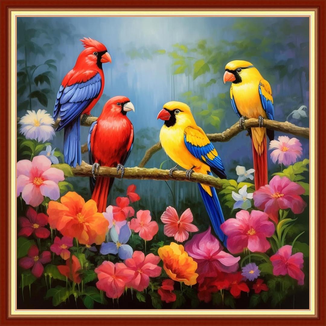 Foxhool Beginners Cross Stitch Kits Stamped Full Range of Embroidery Kits for Adults DIY Cross Stitches kit Embroidery Patterns for Needlepoint kit-Flower Birds 18x18 inch