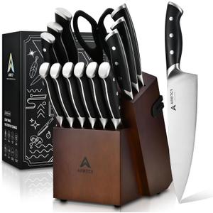 Arrtcy Knife Set with Block, Kitchen Knife Set 15-Piece with Sharpener - High Carbon Stainless Steel Dishwasher Safe Knives with Ergonomic Handles for Chef & Home