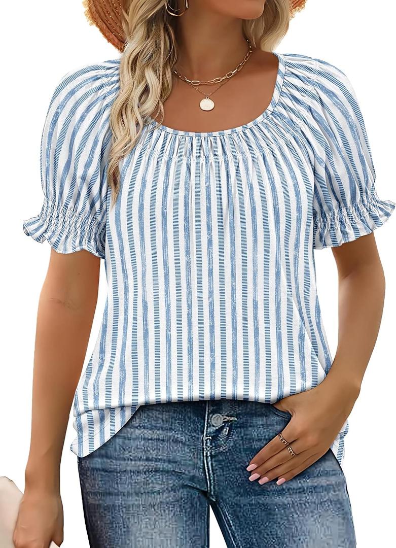 WIHOLL Womens Short Sleeve Square Neck Summer Tops Dressy Casual Blouses Trendy Clothes 2026, XL
