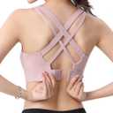 Sports Bras for Women, Criss-Cross Back, Adjustable Wire-Free Medium Support Workout Bra with Removable Cups (Beige)