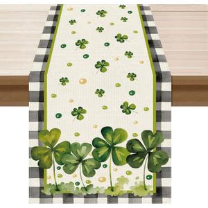 6 x XCHI Watercolor Plaid Green Shamrocks Clovers St. Patrick's Day Table Runner Table Decoration for Party Home Kitchen Dining Holiday Decor 13x48 Inch