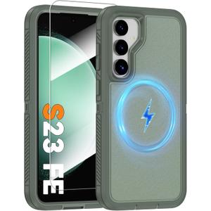 Magnetic Case for Samsung Galaxy S23 FE 5G, [Compatible with Magsafe] [Glass Screen Protector] [Dual Layer Military-Grade Protection] Heavy Duty Shockproof Cover for Samsung S23 FE 6.4 inch, Green