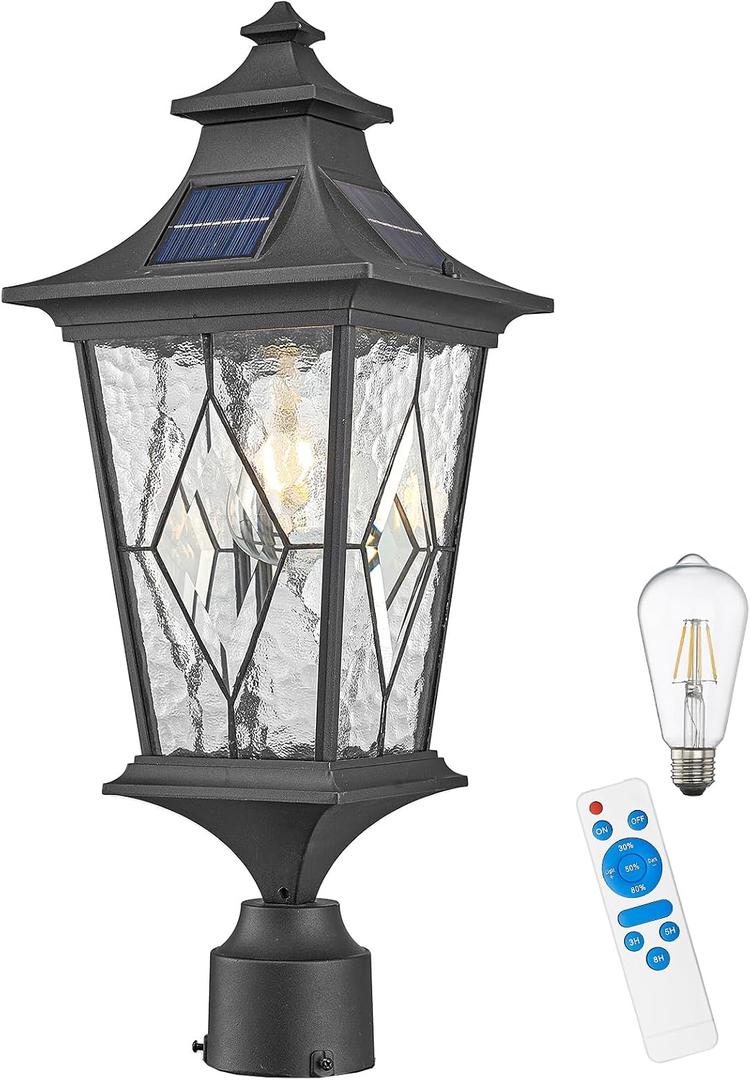 Solar Lamp Post Light Aluminum 20.7 Inch Height Large Size Solar Pole Lights with Water Ripple Handmade Solder Glass Waterproof Black Finish Include Remote Control and LED Bulb