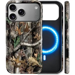 Magnetic Case for iPhone 17 Pro Max,Camo Leaf Design, Shockproof Glossy 2 in 1 Dual Layer,MagSafe Compatible Protective Phone Case for Women Men Boys