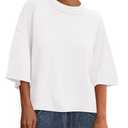 BTFBM Womens Short Sleeve Tops 2025 Summer Casual Crew Neck Oversized Sweater Color Ribbed Knit T Shirts(White,X-Large)