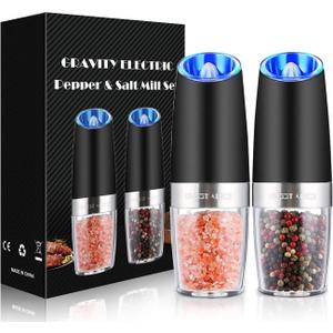 Sweet Alice Gravity Electric Pepper and Salt Grinder Set, Adjustable Coarseness, Battery Powered with LED Light, One Hand Automatic Operation, Stainless Steel Black, 2 Pack (2.5*2.5*7.9inch)
