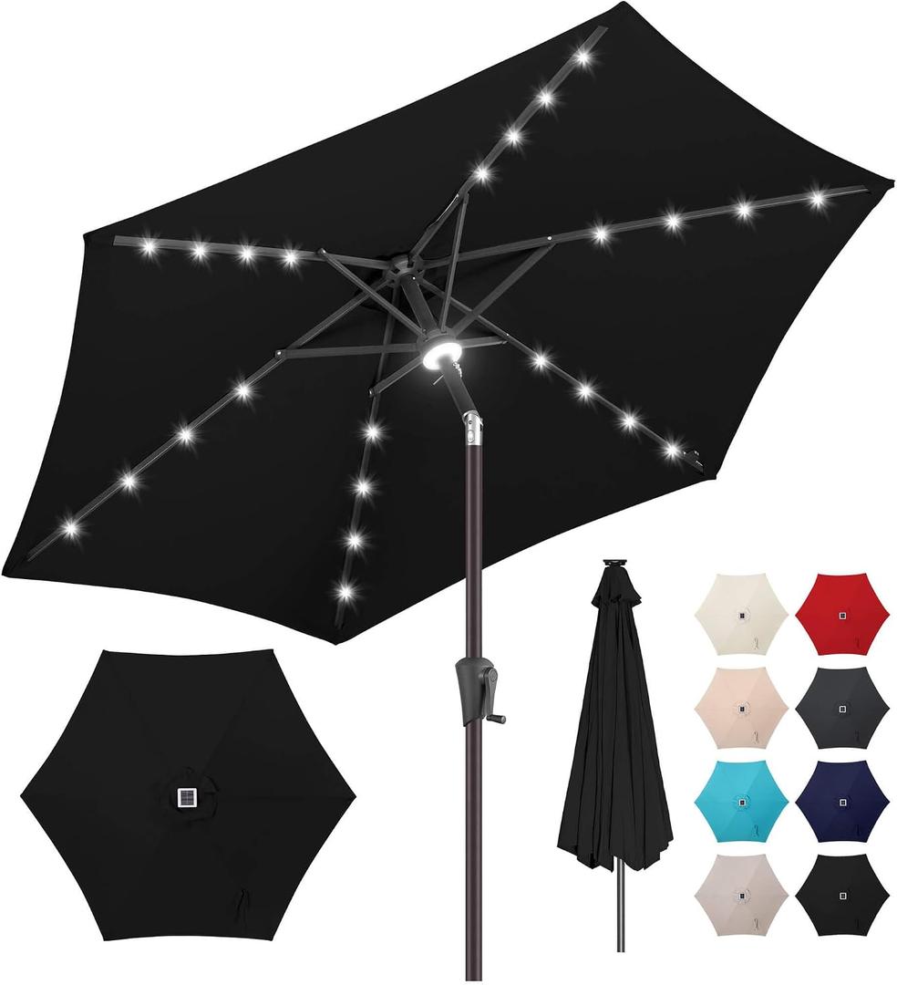 7.5FT Solar Umbrella Outdoor - Lighted Solar Patio Umbrella with 24 LED Lights Waterprool UV Protection, Table Umbrella with Tilt for Pool, Porch, Garden, Deck, Backyard (Black)