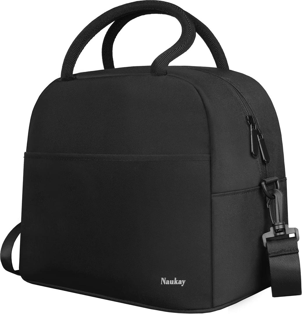 Naukay Large Lunch Bag Insulated Lunch Box for Women and Men, Light Durable Tote Bag with Adjustable Shoulder Strap for Office Work Picnic Hiking Beach Fishing-(Black)