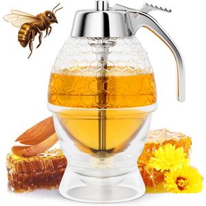 Honey Dispenser No Drip Glass 8 oz with Plastic Top, Beautiful Honeycomb Shaped Honey Jar with Stand - 6" Clear Container, Honey Pot, Maple Syrup Dispenser, Perfect Bee Decoration for Home Kitchen
