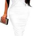 BEAGIMEG Women's Sexy Elegant Bodycon Sleeveless Ruched Off Shoulder Night Party Cocktail Midi Dress (Medium, White)