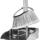 Metal Dustpan and Heavy Duty Broom Set, Stand Up Dustpan with Outdoor Stiff Bristles Broom for Hardwood Patio Room Office Floor Sweeping