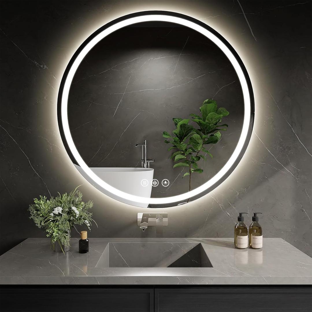 LED Bathroom Mirror 30 Inch Round Bathroom Mirror with Lights, Circle LED Mirror, Wall Mounted Lighted Bathroom with 3 Colors Brightness, Anti-Fog, Dimmable, Shatter-Proof