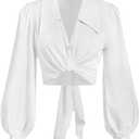 SweatyRocks Women's Button Up Collar Shirt Long Sleeve Wrap Crop Top Blouse self tie wrap crop top,v neck ,twist front,puff sleeve ,business office dressy casual outfits XL