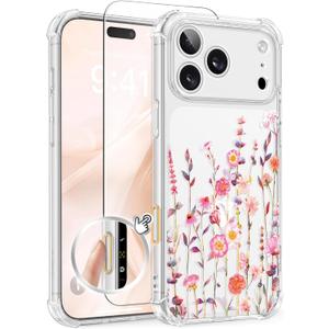 GVIEWIN for iPhone 17 Pro Case with Screen Protector, Upgraded [Full Camera Protection] [Non Yellowing] Floral Slim Shockproof Clear Women Phone Cover for iPhone 17 Pro 6.3" (Floratopia/Colorful)