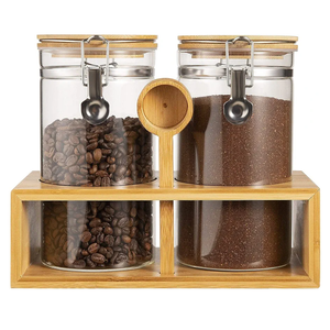 Yangbaga Ground Coffee Storage Container with Shelf, 2×45OZ Glass Coffee and Sugar Container Set, Coffee Canisters with Airtight Lids and Scoop, Food Storage Jars for Kitchen,Nuts,Tea,Sugar