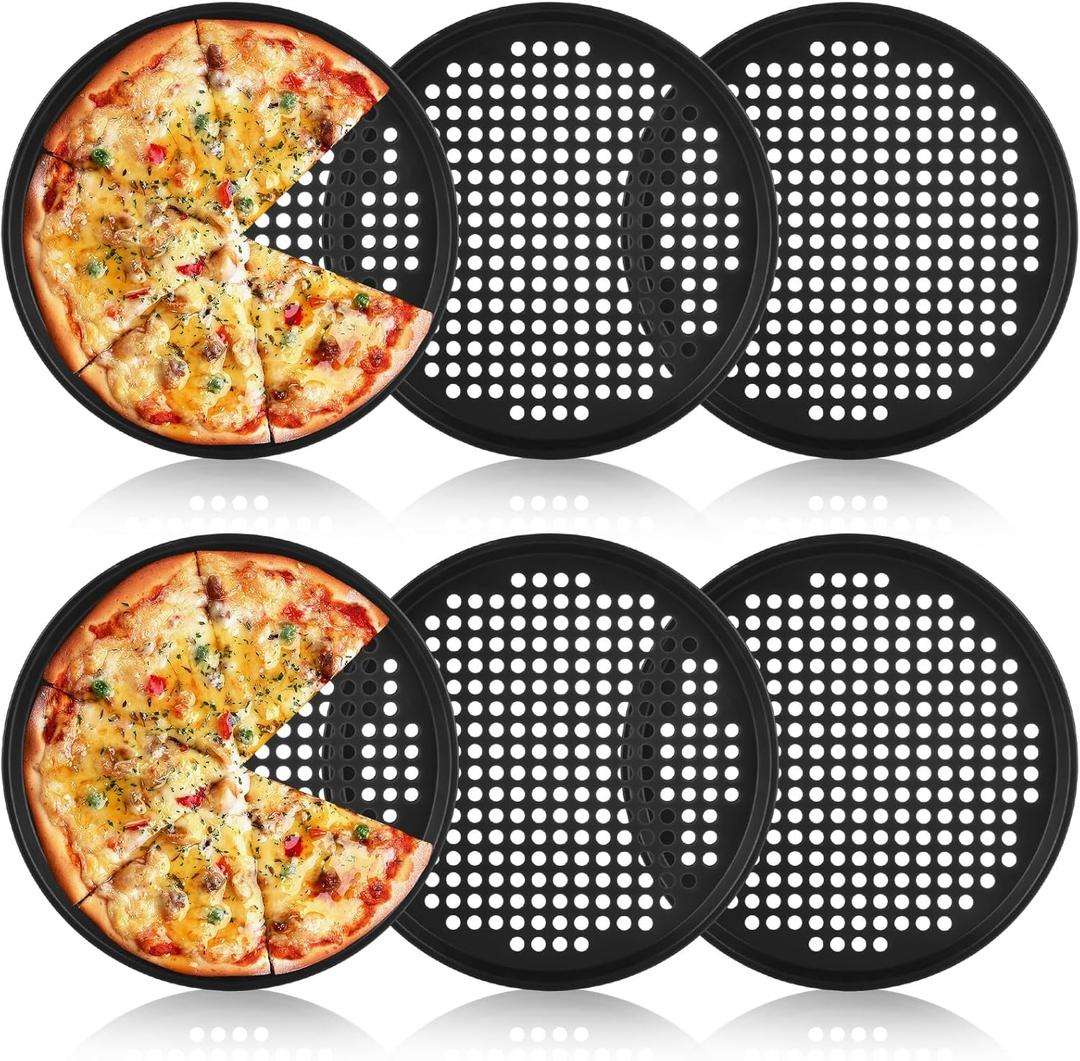 AKOLAFE 6 Pack 12 Inch Pizza Pan for Oven Round Pizza Pan with Holes Large Pizza Tray Set Carbon Steel Non Stick Pizza Plates Perforated Pizza Baking Sheet Personal Metal Platter for Grilling, Cooking