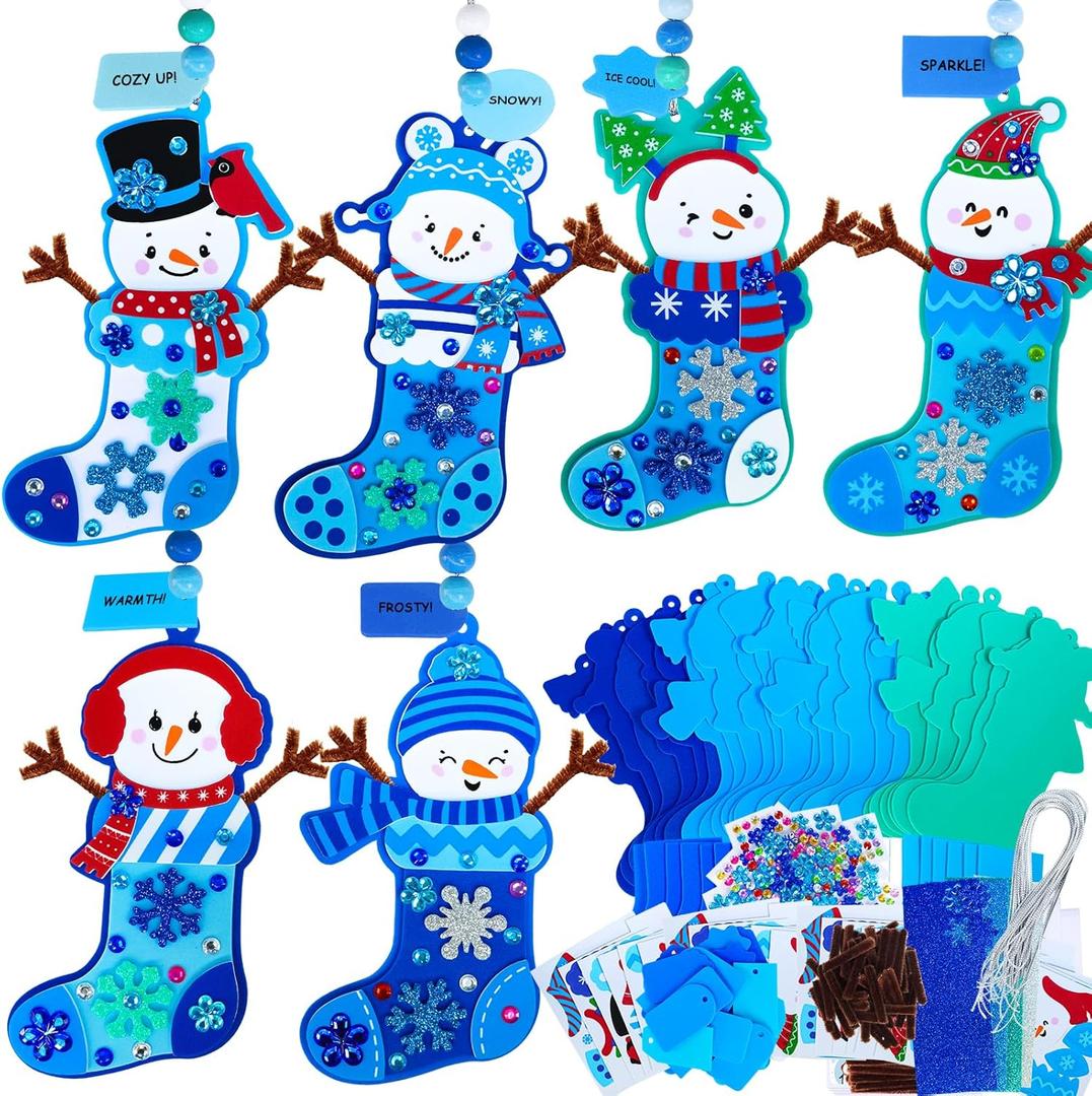Winlyn 24 Sets Winter Decorations DIY Snowman Stocking Ornaments Christmas Craft Kits Foam Stocking with Festive Snowman Snowflake Foam Stickers for Kids Holiday Classroom Activities Party Favors