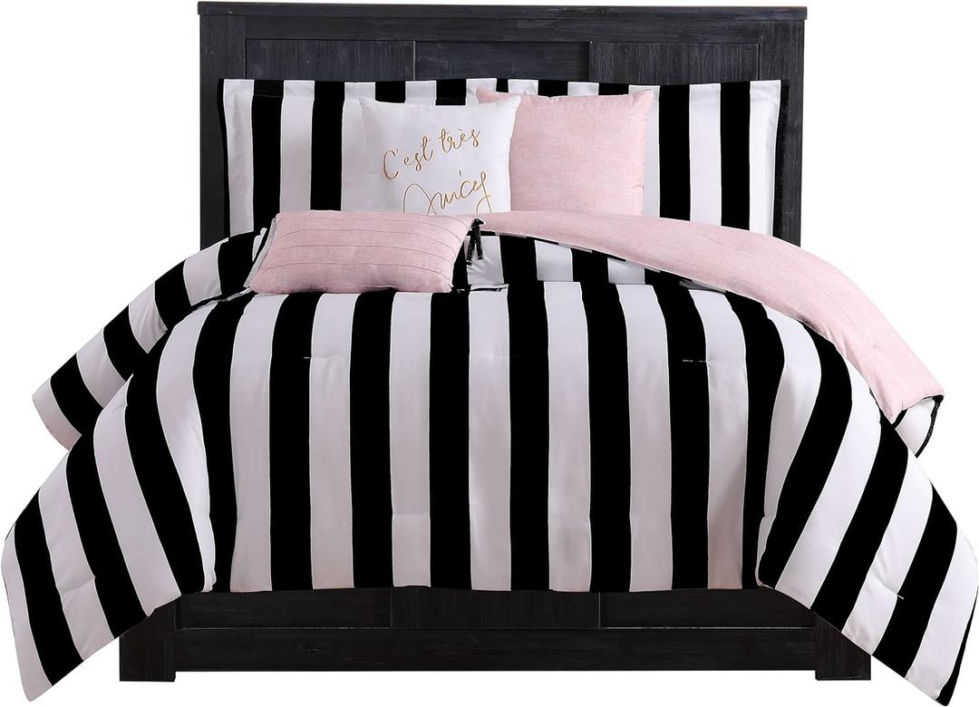 Juicy Couture Cabana Stripe Reversible Bedding Set - Queen Size - Black and White Stripe Print  6 Piece Set  Includes 1 90" x 90" Comforter, 3 Decorative Pillows, 2 Shams