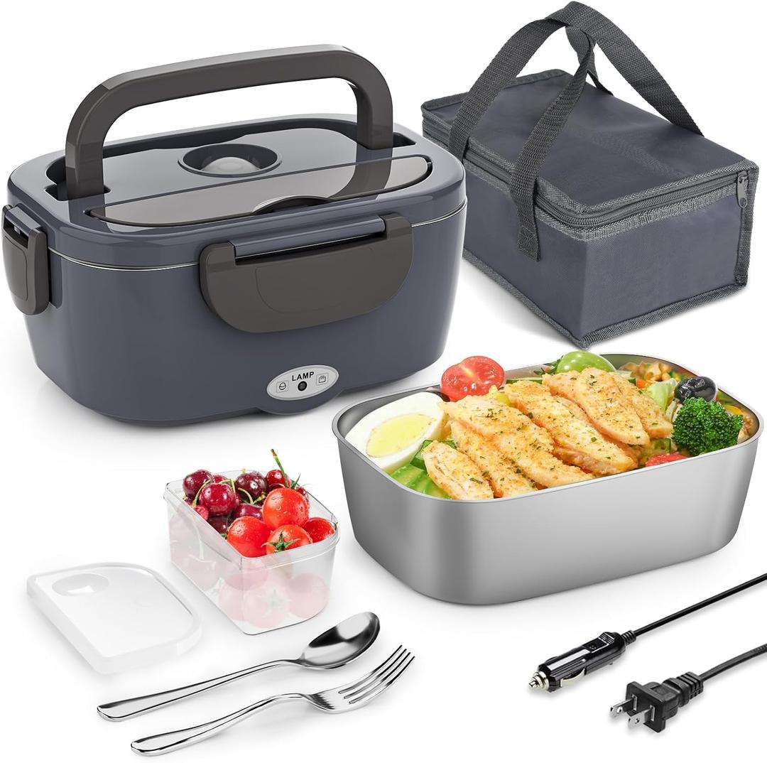 Electric Lunch Box Food Heater 3 in 1 Portable Warmer Leakproof Heated Box for Adults, 12V/24V 110V Heating Microwave for Car/Home with 1.5L Removable Stainless Steel Container (Gray)