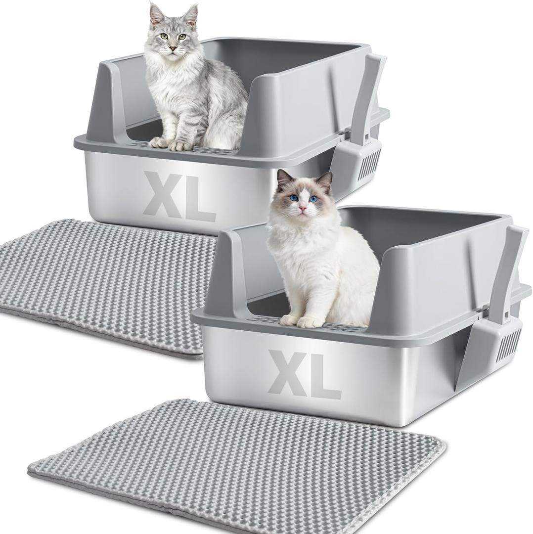 XL Stainless Steel Litter Box with Lid, Extra Large High Sided Metal Cat Litter Box with Mat and Scooper, Easy Clean, Non Stick & No Smell,2pack