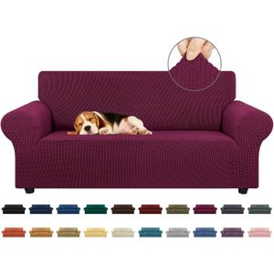 KEKUOU Stretch Loveseat Sofa Cover Slipcover,Couch Covers for 2 Cushion Couch Sofa (55"-78") Furniture Protector Sofa with Elastic Bottom for Kids,Dog. Jacquard Small Checked (Medium,Wine)