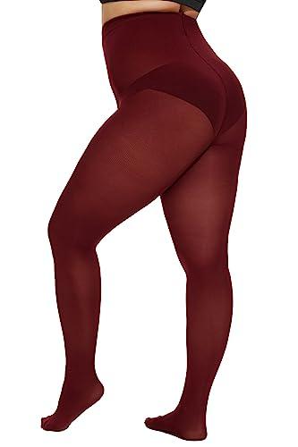 CozyWow Plus Size Tights for Women 80D Soft Solid Color Semi Opaque Pantyhose High Waist Wine Red-XL