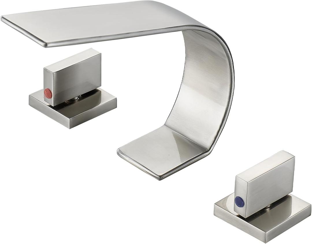 Brushed Nickel Bathroom Faucet 3 Hole,Ultrathin Low Arc 8 inch Widespread Bathroom Sink Faucet,Waterfall Bathroom Faucet,2-Handle Modern Vanity Faucet with Hot and Cold Water Supply Hoses Brushed Nickel Bathroom Faucet 3 Hole,Ultrathin Low Arc 8 inch Widespread Bathroom Sink Faucet,Waterfall Bathroom Faucet,2-Handle Modern Vanity Faucet with Hot and Cold Water Supply Hoses