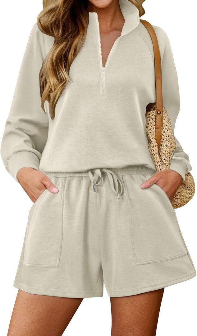 KISSMODA 2 Piece Sets for Women Sweatsuit Casual Tracksuits Long Sleeve Tops and Shorts 2025 Lounge Outfits (Large)