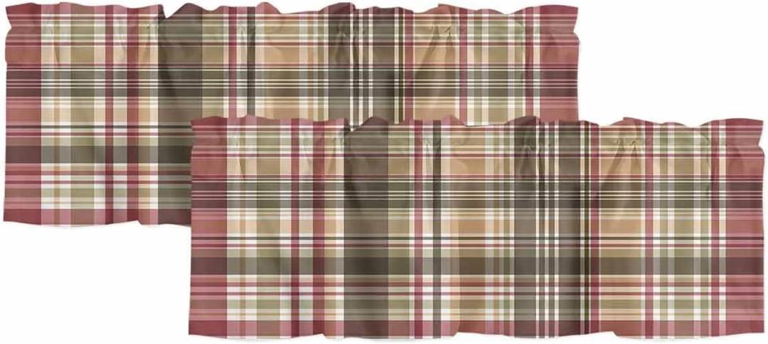 Prime Leader 2 Pack Curtain Valance for Windows Buffalo Check Plaid Brown Plaid Vintage Retro Country Rod Pocket Short Curtains Window Treatments for Kitchen Bathroom Living Room Bedroom, 42x18 Inch