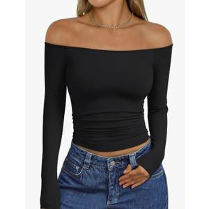 Womens Long Sleeve Off The Shoulder Tops Going Out Cute Basic Y2K Fall Fashion 2025 Outfits Clothes XS