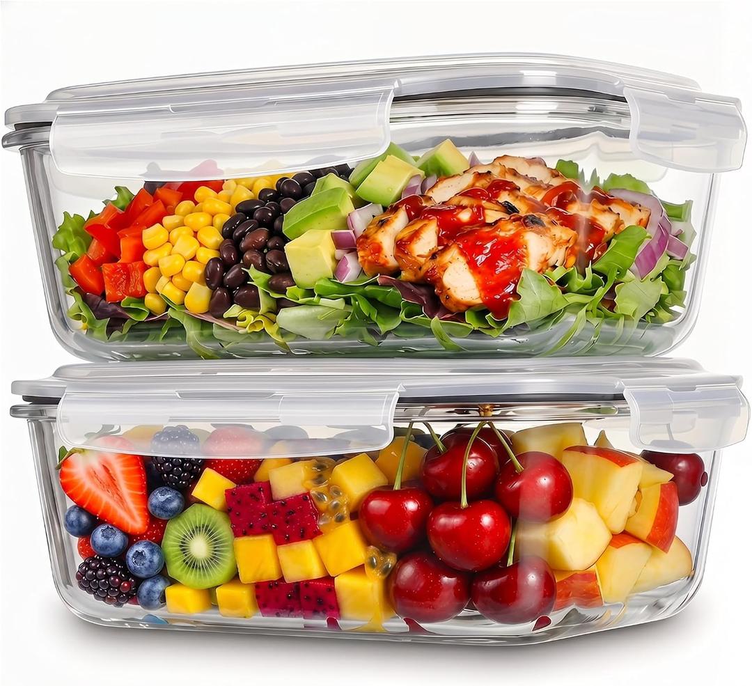 2 Pack 63oz Large Glass Storage Containers with Lids Big Meal Prep Food Container Set for Storing food, vegetables or fruits, BPA Free, Freezer Dishwasher Oven Safe (gray)