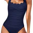 Eomenie Women One Piece Tummy Control Swimsuit Halter Scallop Trim Bathing Suits 1 Piece Vintage Ruched Slimming Swimwear Dark Blue XL
