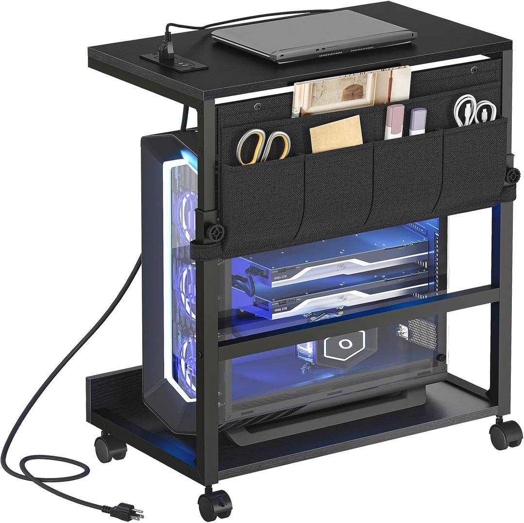HOOBRO Computer Tower Stand, PC Stand with Charging Station, PC Tower Stand Height Adjustable Under Desk, Large CPU Holder Cart with Locking Casters & Storage Pockets, for Home Office, Bedroom BB72UCJ01