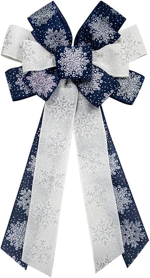 Hying Large Christmas Bow for Wreath, Blue White Cotton Bows for Front Door Wall Fence Decor, Christmas Snow Wreath Bow Tree Topper Bow for Winter Christmas Party Decoration Supplies