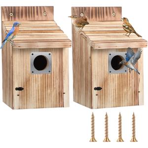 Dreyoo 2 Pack Cedar Bluebird Box Houses for Outside, 1-1/2 Entrance Hole Wooden Bird Houses with Metal Predator Guard, Secure Latch, Fledgling Grooves, Air Vents for Bluebird Wren Swallow Finch